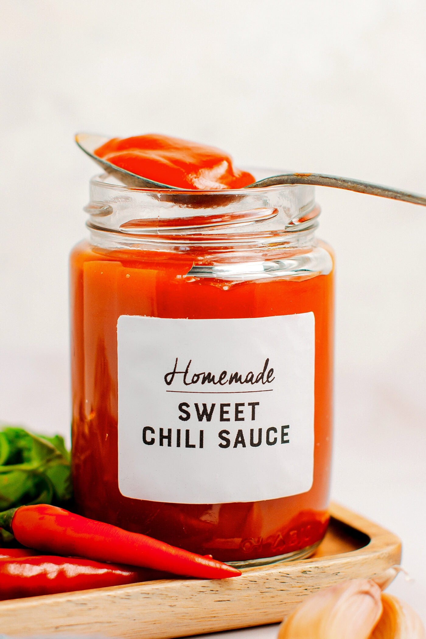 Sweet Chili Sauce in a glass jar.