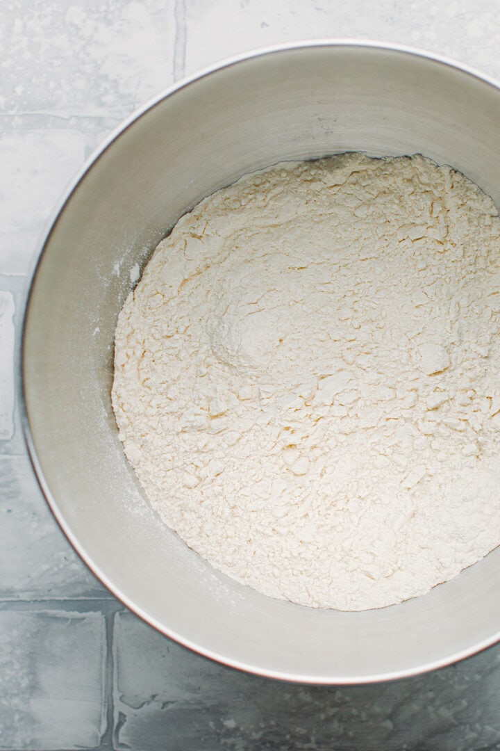 Flour in a mixer bowl.