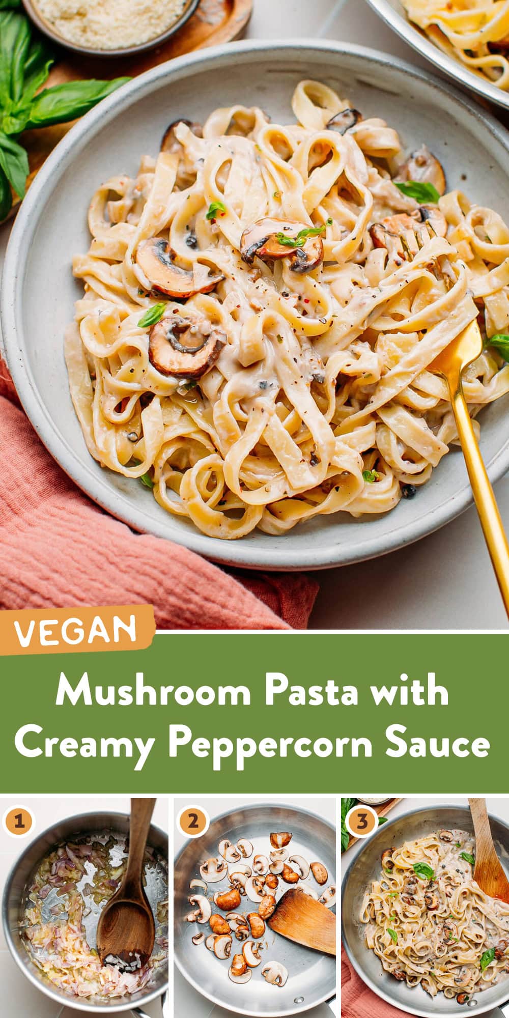 This fettuccine pasta is served in a rich and creamy peppercorn sauce with sautéed mushrooms and fresh basil. A delicious plant-based dinner that is easy to make and requires minimal ingredients!