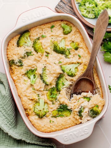 Broccoli rice casserole in a baking dish.