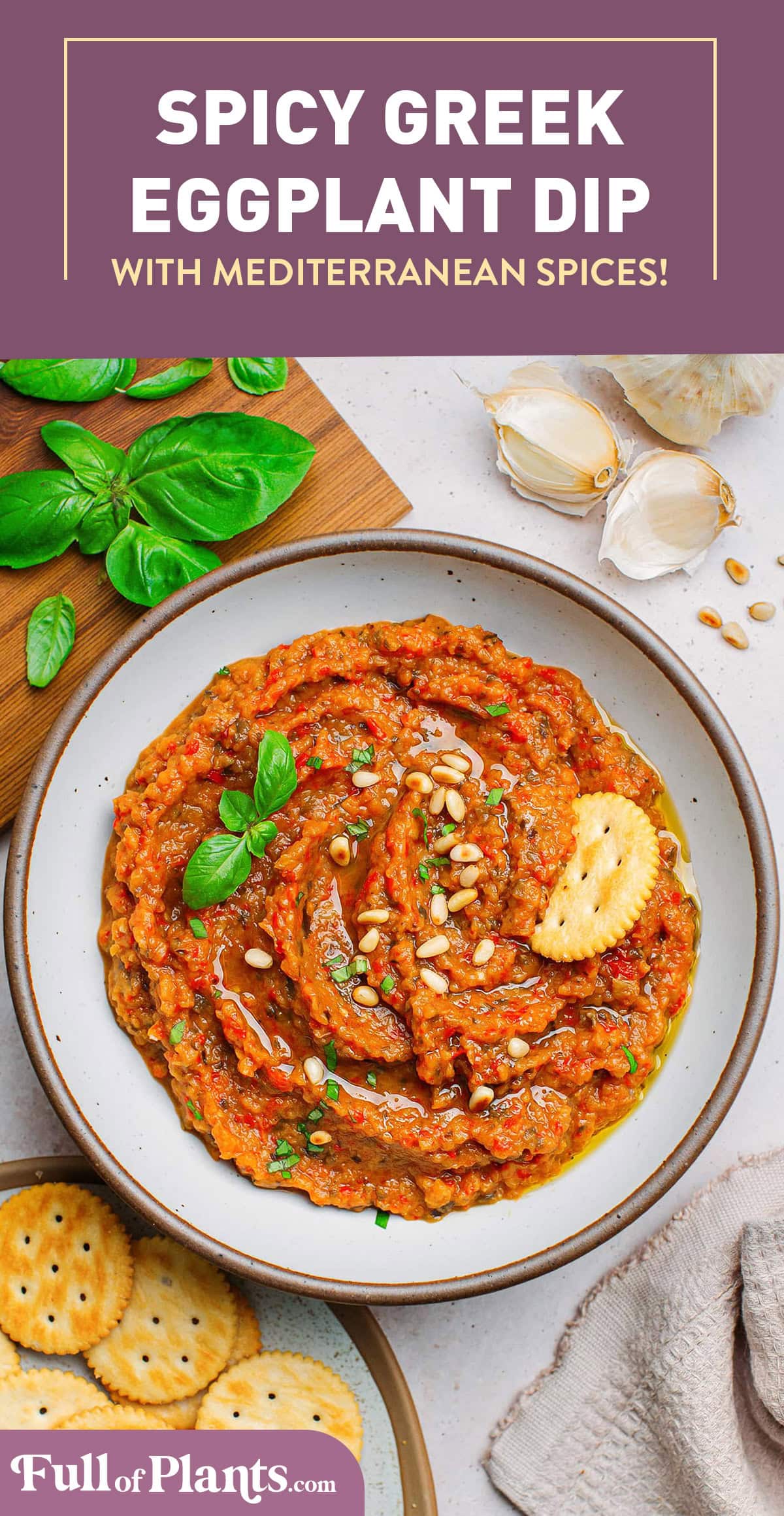 Prepared from roasted eggplant, red bell pepper, and tomatoes, this flavorful eggplant dip is slightly spicy and garlicky, seasoned with Mediterranean spices, and finished with a squeeze of lemon juice! It makes a great appetizer and can be used as a spread for sandwiches and wraps or as a filling for lasagna! #dip #eggplant