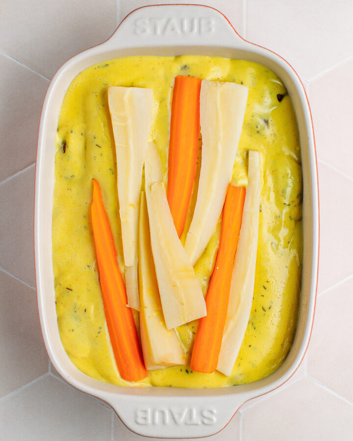 Parsnip and carrot casserole before baking.