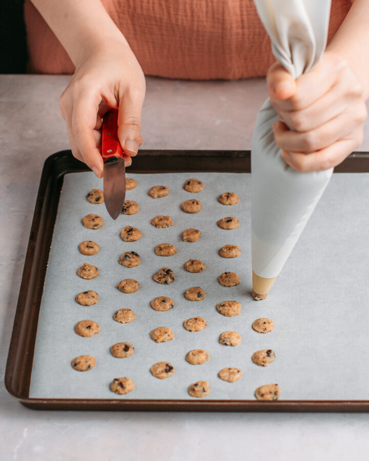 Piping mini cookie cereal on a baking sheet using a piping bag.