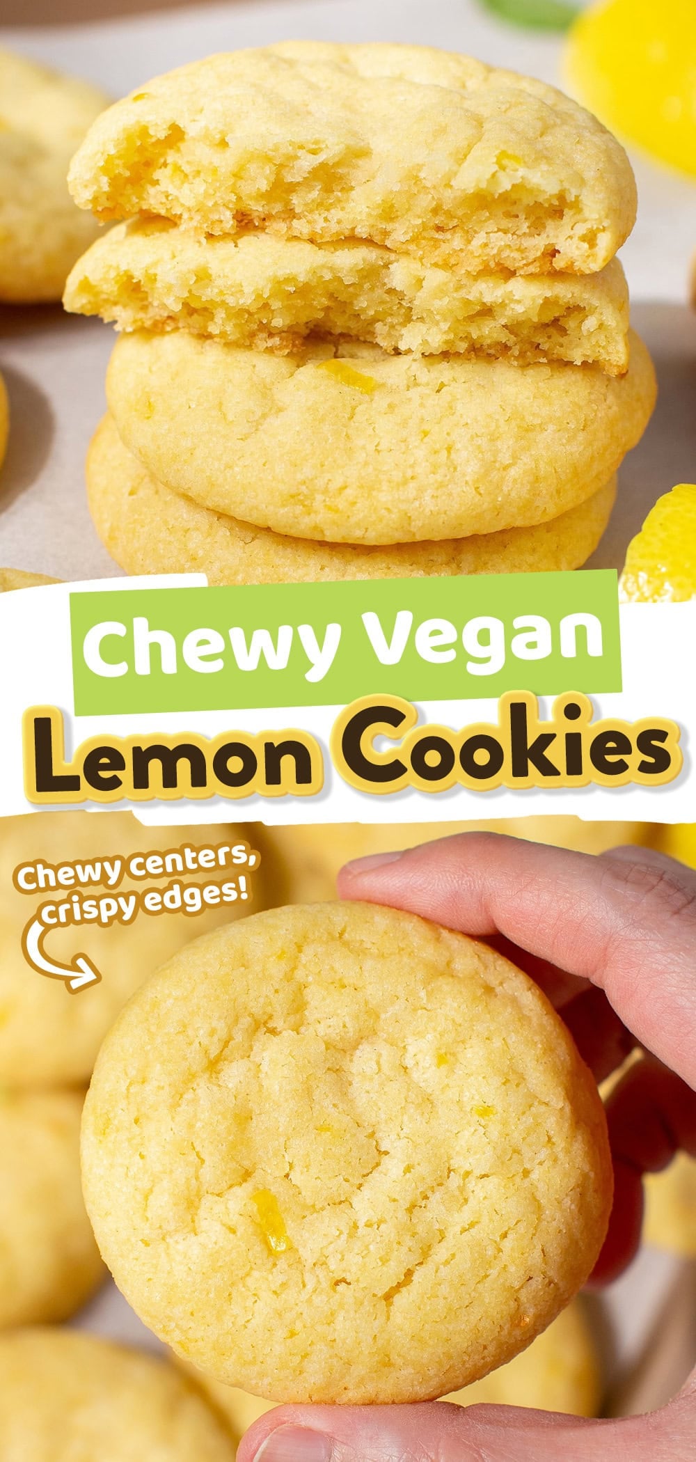 These vegan lemon cookies have a chewy center, crispy edges, and are packed with a bright lemon flavor from both the zest and the juice. No eggs, no dairy, and no lemon extract needed. You'll just need 8 simple ingredients and about 15 minutes of active time!
