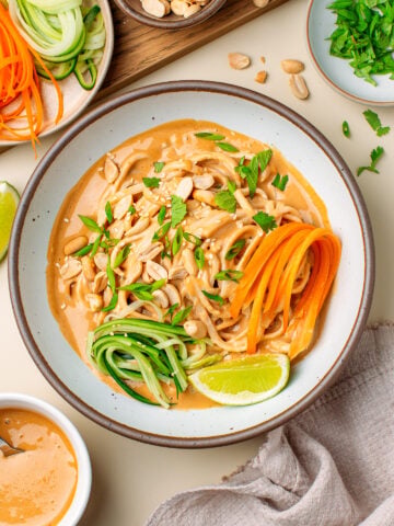 Bowl filled with peanut noodles, julienned cucumber and carrot, roasted peanuts, and chopped fresh herbs.