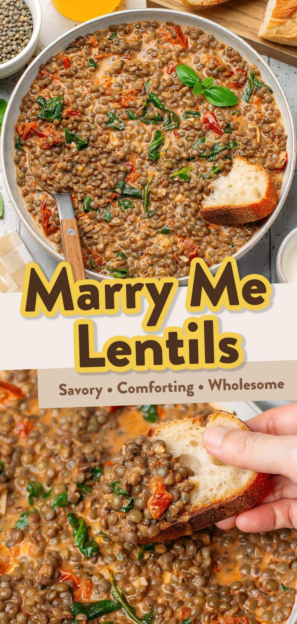 Bowl of Marry Me lentils topped with fresh basil.