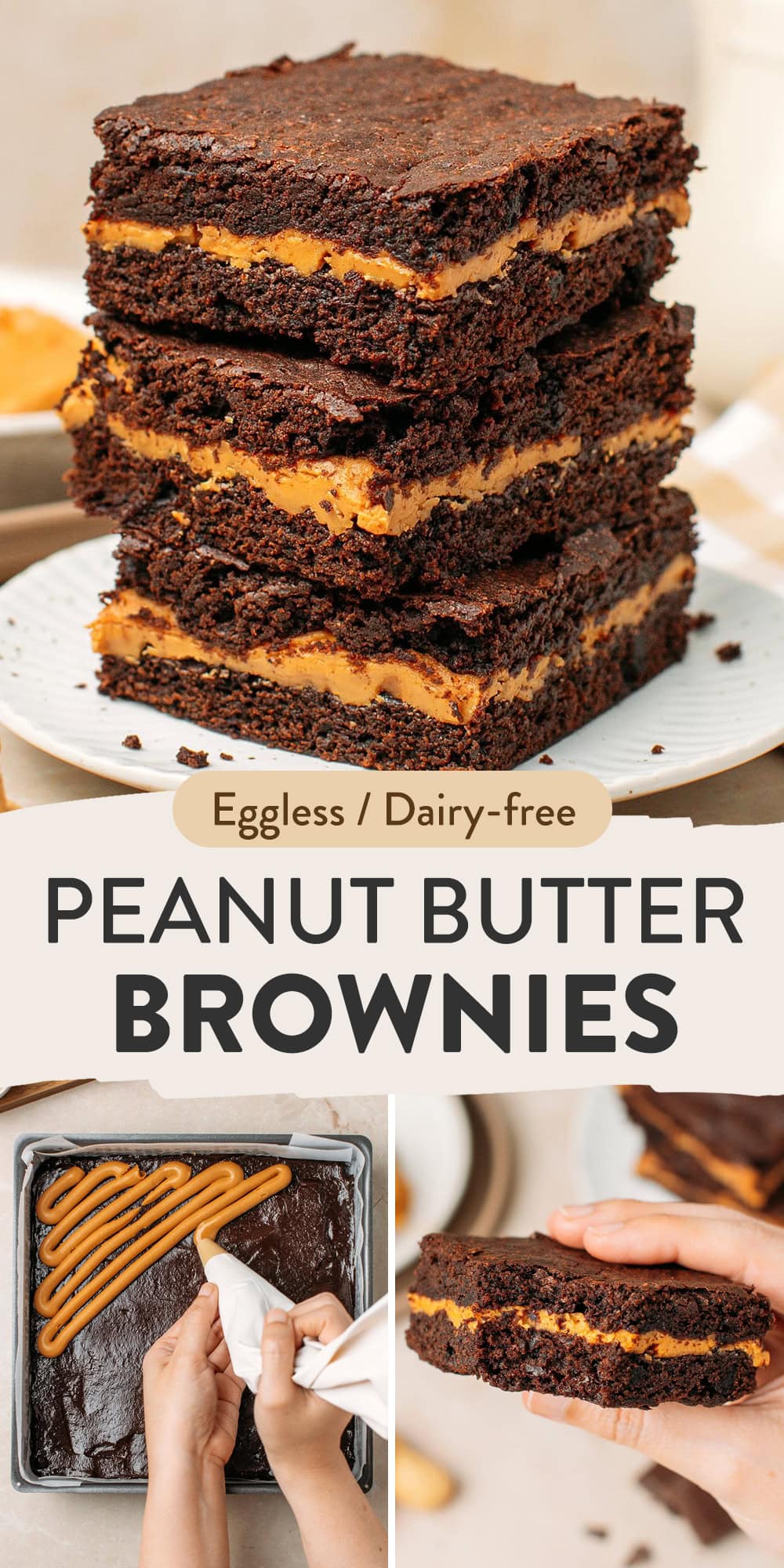 Three pieces of peanut butter brownies stacked on a small plate.