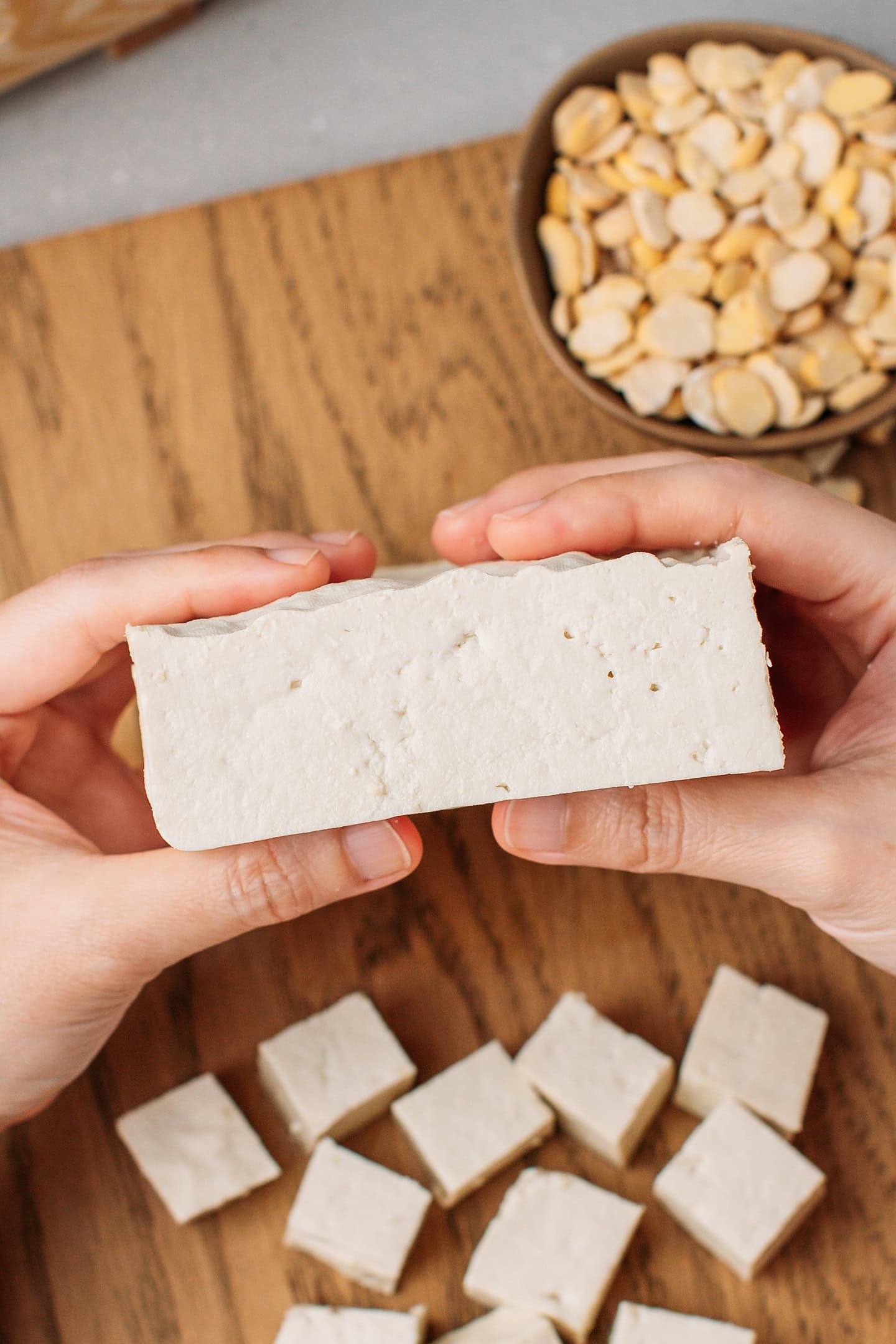 Close-up of the texture of fava bean tofu.