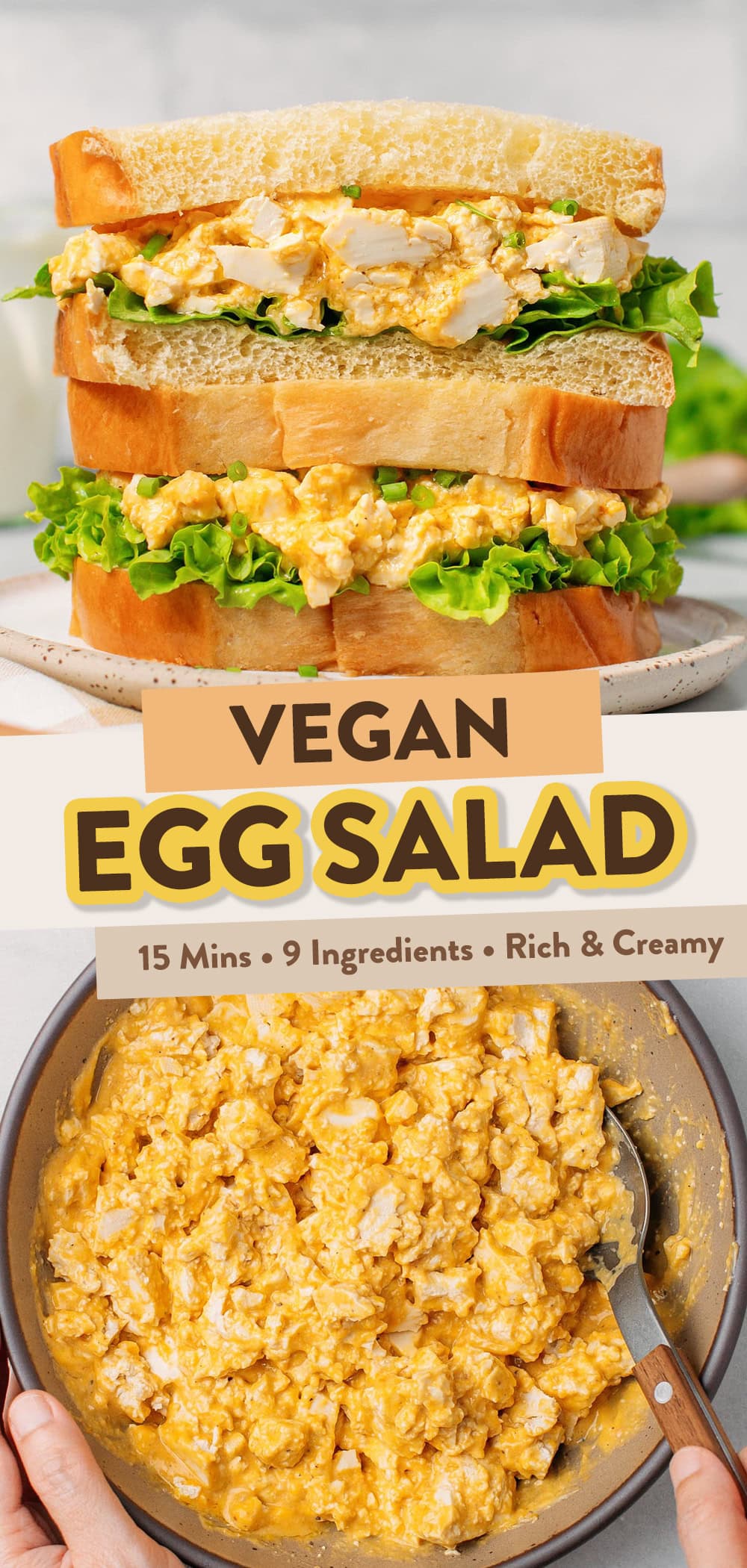 Two egg salad sandwiches stacked on a small white plate.
