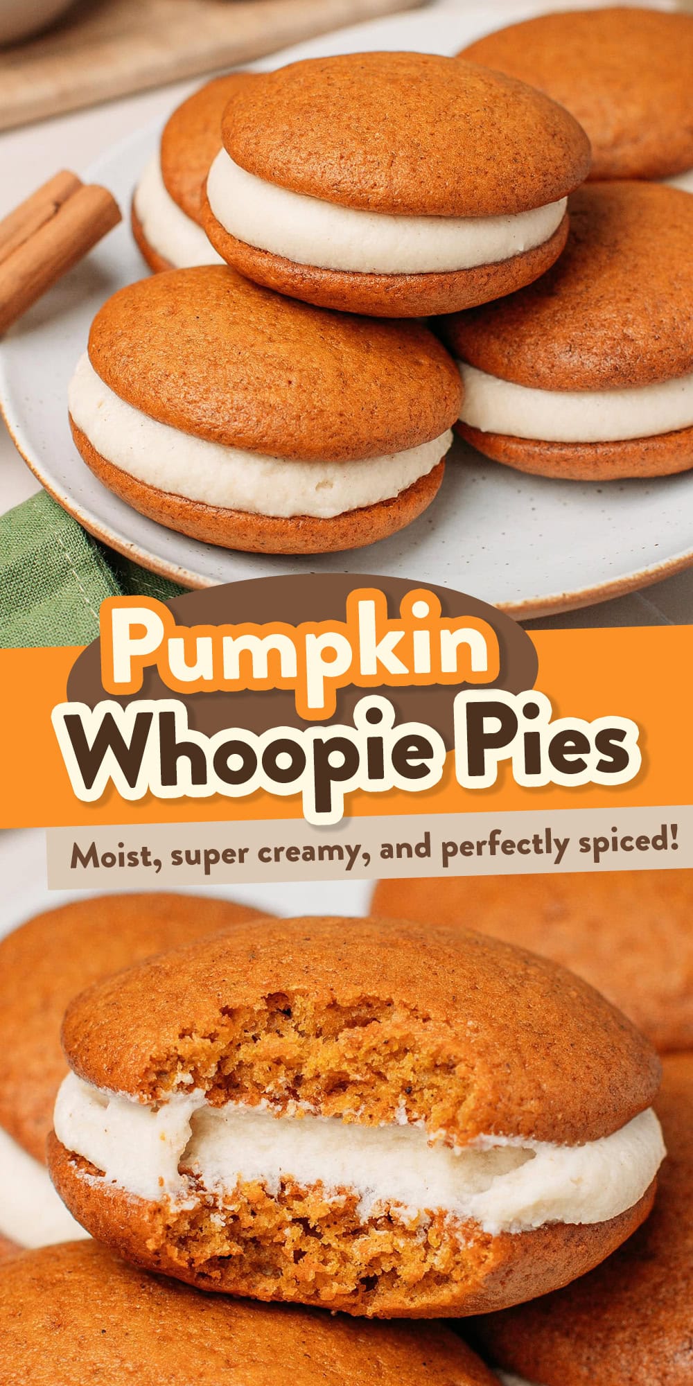 Pumpkin whoopie pies stacked on a plate.