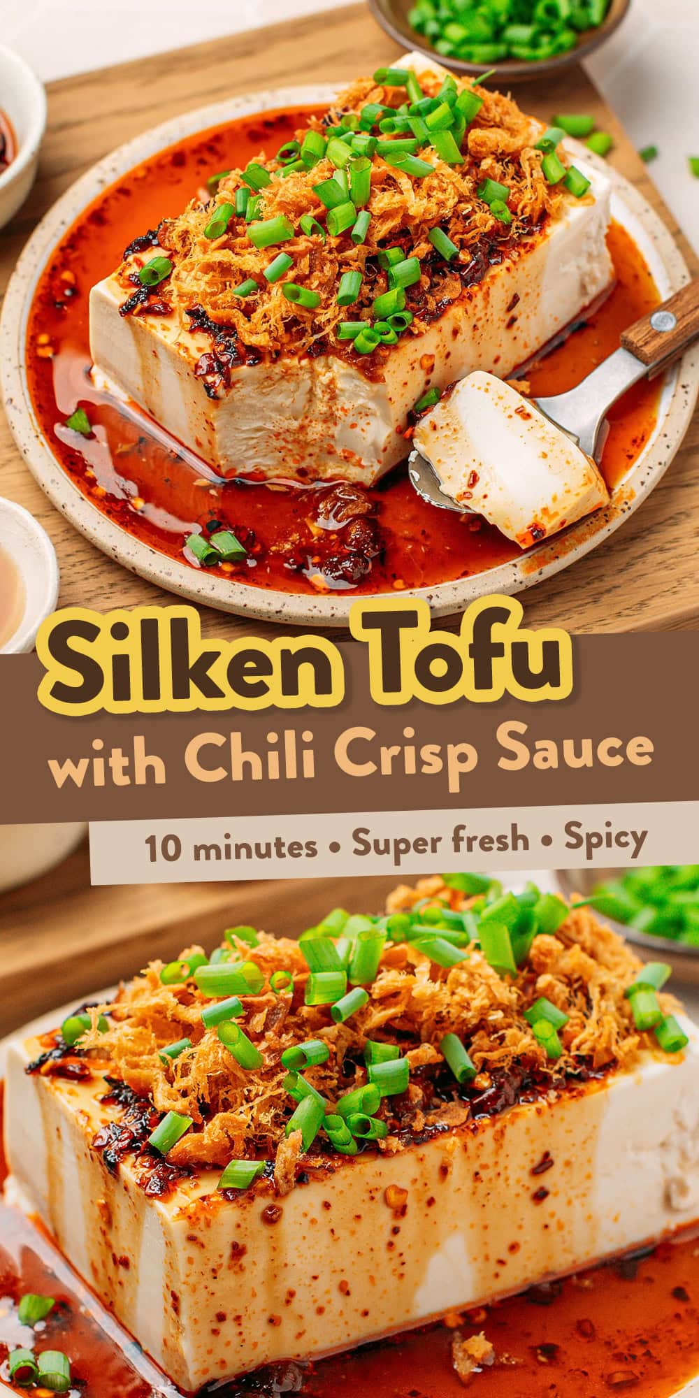 Block of silken tofu topped with chili crisp sauce.