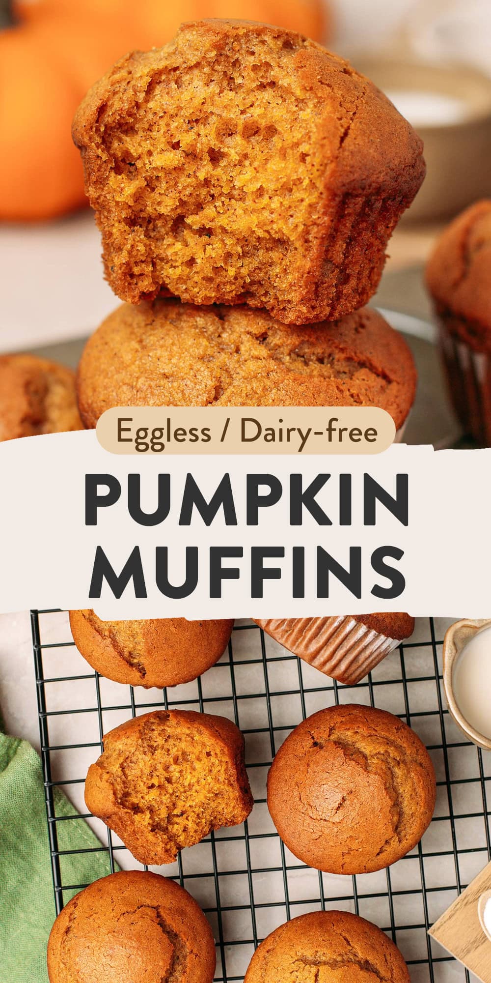 Two pumpkin muffins stacked on top of a muffin pan.